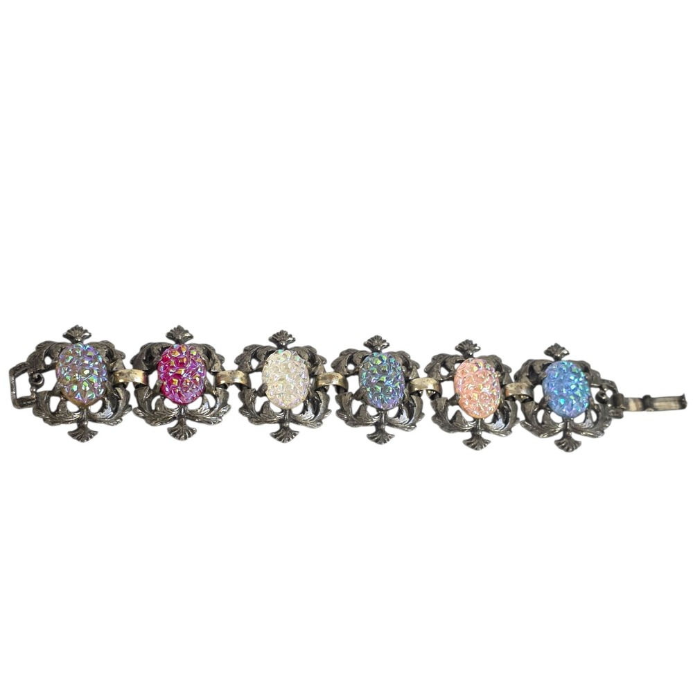 Vintage Aurora Borealis Druzy Link Bracelet Antique Silver Filigree 58.42g 6.5in